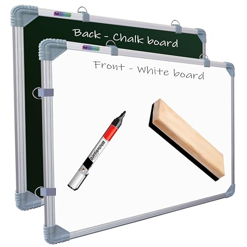 Image of Eduway 1.5x2 Feet Kunj Non-Magnetic Double-Sided White Board and Chalkboard Combo with 1 Marker and 1 Duster | Ideal Use for Home, Office, with Sliding Hanging Clips, Robust Aluminum Frame (59x41cm)