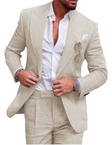 Traje de lino para hombre, 2 piezas, traje de lino retro para hombre, traje de boda para playa, traje de sirsaca para hombre, trajes de invitados de boda, beige, L