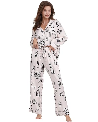 Image of YiNi LuLu Womens Silk Satin Pajamas Set Button Down 2 Piece Pjs Long Sleeve Oversized Sleepwear with Pockets