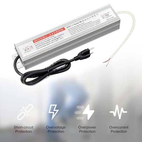 Image of QNNP LED Driver 60 Watts 24V DC with Plug, Waterproof Low Voltage Transformer Power Supply Transformer Adapter AC 85V-265V to 24V DC, IP67 LED Power Supply for Outdoor Indoor Lighting