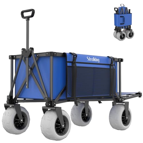 51' L Beach Wagon with 9' Sand Wheels,260L Collapsible Beach Cart with Rear Tailgate,Heavy Duty Wagon for Sand, Camping, Fishing and Sport,Blue