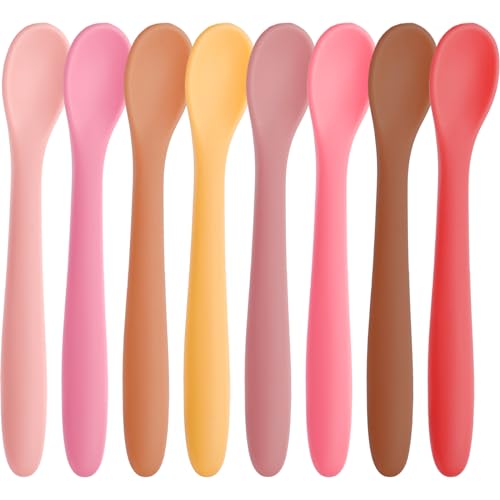 Image of HANSGO 8PCS Silicone Feeding Spoons, Baby Spoons Silicone Training Spoons Baby Utensils Infant Spoons for First Stage Baby Girls and Parents, Warm Soft Colors