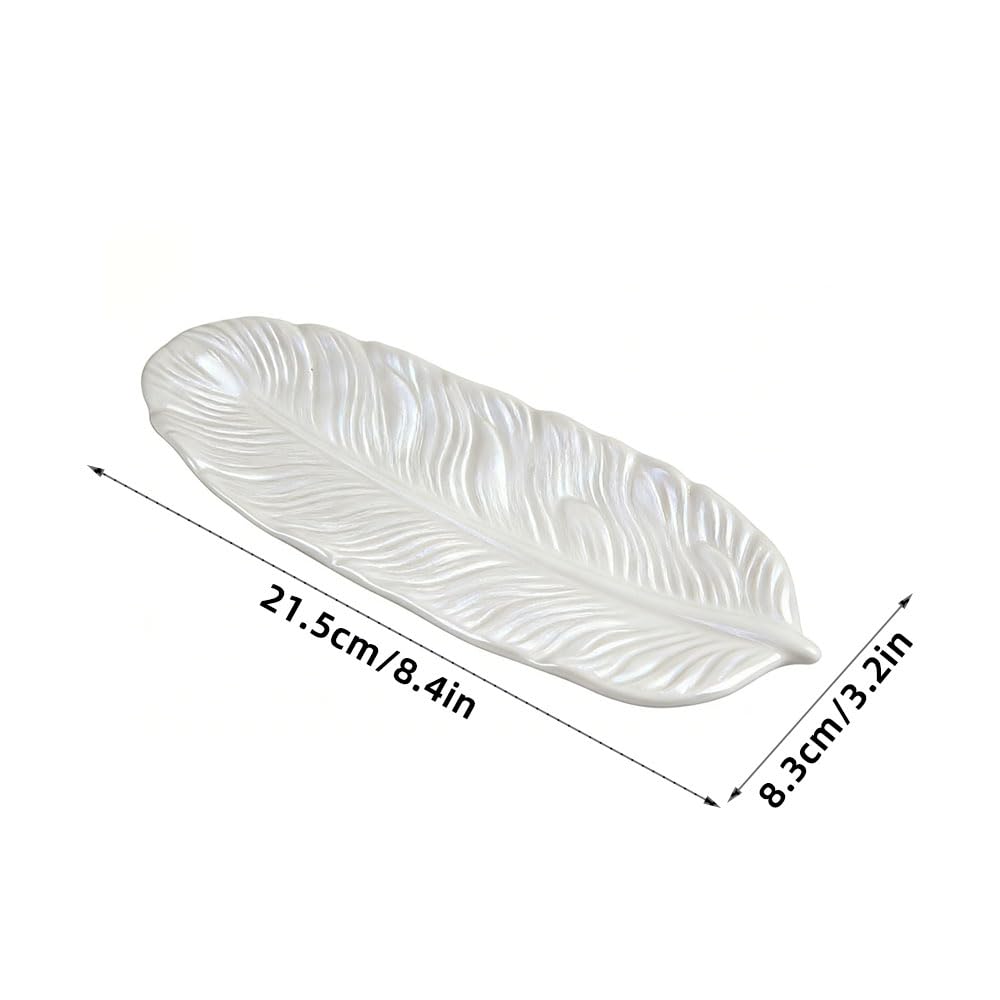 Plato de Joyería de Cerámica Diseño de Pluma,Almacén de Joyería de Cerámica Blanco para Pulseras,Anillos y Joyas,Decoración para Vanity,Baño y Salón 21,5x8,3x1,7cm