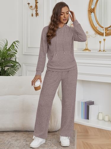 LILLUSORY Women 2 Piece Lounge Pajamas Sets Ribbed Knit Long Sleeve Sweater Hoodies Pants Matching Set 2025 Fall Outfits2