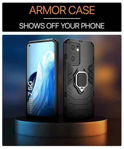 Image of WOW IMAGINE Back Case Cover for Oppo Reno 7 5G Tough Armor Bumper | Ring Holder & Kickstand in-Built | Excellent 360 Degree Protection (Carbon Black)