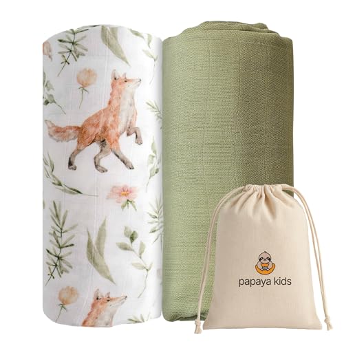 Image of Muslin Swaddle Blankets for Newborns, Green & Forest Fox Print 2-Pack – Soft Viscose Bamboo & Cotton Baby Blankets, 47x43, Breathable Woodland Receiving Blankets, Gender-Neutral Baby Swaddle