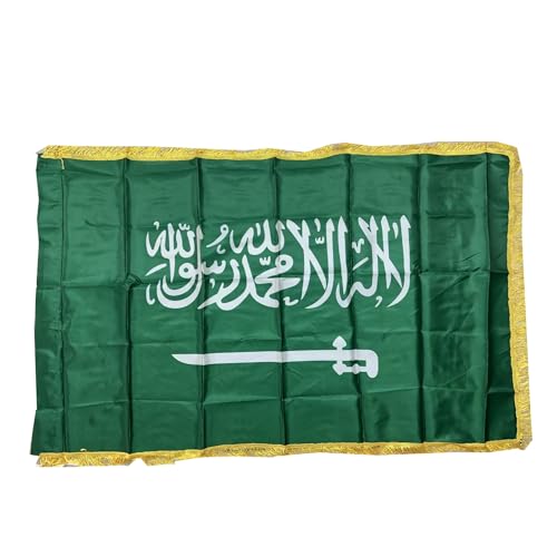 Stormflag Bandera de satén de Arabia Saudí de 3x5ft/90x150cm Bandera Arabia Saudí poliéster con franja de oro