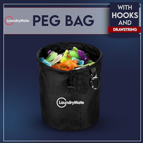 Laundry Mate Peg Bag With Closure Drawstring & Hanging Hook - Extra Large Weather Resistant Laundry Clothes Peg Storage - Hanging Clothesline Peg Bag (Black) - Image 2