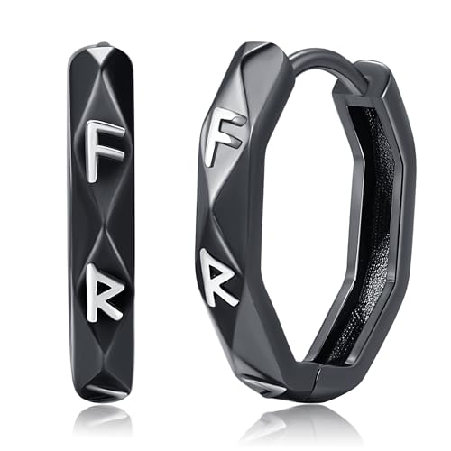 Friggem Runas Pendientes Hombres de Plata de Ley 925 Pendientes Vikingos Pendientes de Aro Huggie Pendientes Negros para Hombre Mujer, 0,7 x 0,62 pulgadas