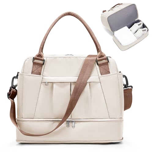 Reisetasche Damen 40x20x25 Ryanair Handgepäck Tasche Sporttasche Weekender Bag Schwimmtasche Wasserdicht Travel Duffle Bag Fitnesstasche Trainingstasche Krankenhaustasche mit Schuhfach,W2-Beige braun