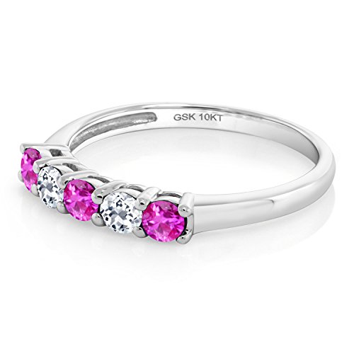 10K White Gold Pink Sapphire and White Topaz 5 Stone Wedding Engagement Anniversary Promise Ring For Women (0.67 Cttw, Round 3MM, Gemstone September Birthstone, Available In Size 5, 6, 7, 8, 9)4