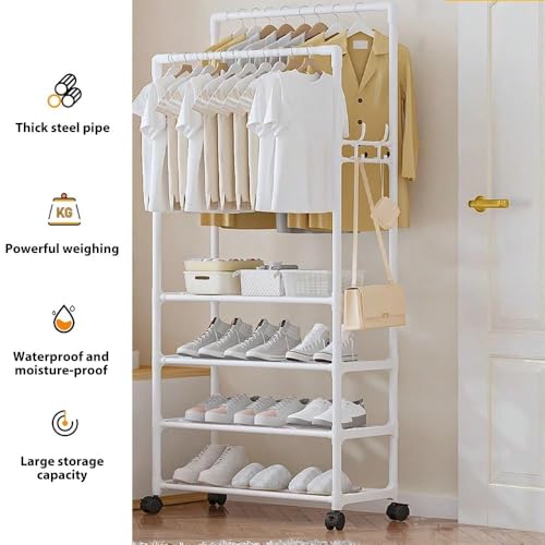 Image of Lukzer Multi-Layer Clothing Organizer Rack with Hanging Rod | Freestanding Metal Organizer Stand for Home, Bedroom, Balcony & Dorm | Space-Saving Garment Hanger | Modern DIY Assembly (White) CH-096