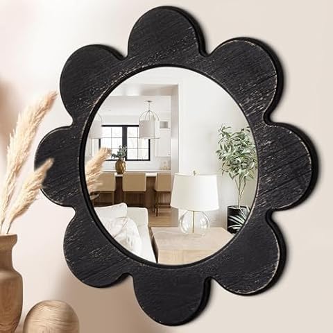 JJUUYOU Round Flower Wall Mirror Small Circular Mirror for Bathroom, Rustic Black Vanity Mirror Small Wall Circle for Wall Wood Frame Make up Mirror for Entryway Living Room, Bedroom Decorative Cover