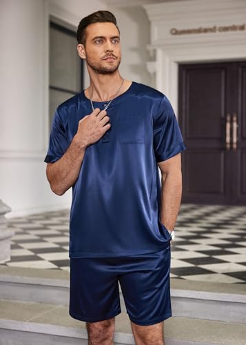Image of Ekouaer Mens Pajamas Set Silk Satin Pjs Sets Summer Short Sleeve Button Down Sleepwear 2 Piece Loungewear with Pockets