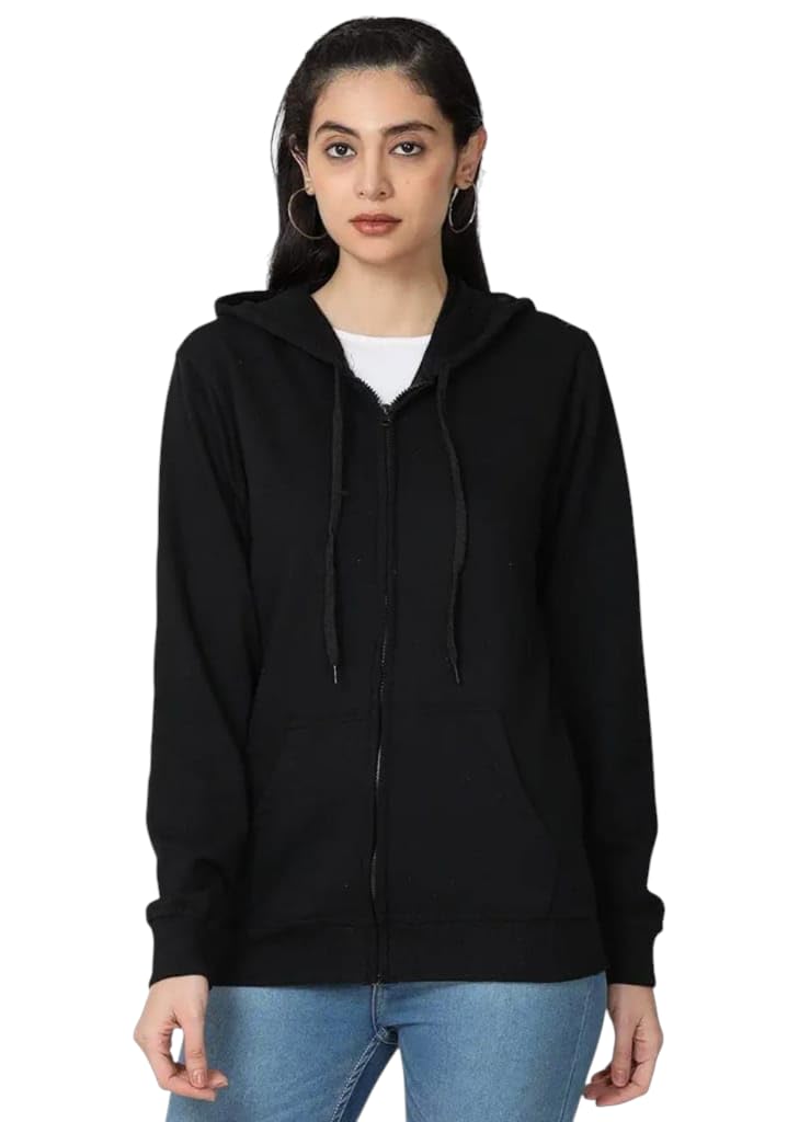 Rudra Men's and Women's Cotton Plain Hooded Neck Full Zipper Sweatshirt Hoodies with Kangaroo Pocket Size L Black-picture-44