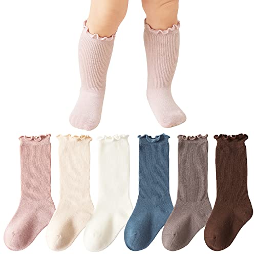 Image of Mini Angel Baby Girl Knee High Socks 5/6/8 Pairs Knit Tube Ruffled Hollow Out Long Stockings with Bow