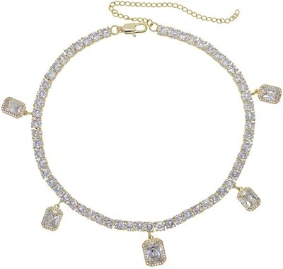 Adjustable 14K Gold 5mm Moissanite Tennis Chain Necklace for Women, 13-inch Diamond Choker Necklace with 4-inch Extension Chain, Ideal Mother's Day and Bridal Jewelry Gift