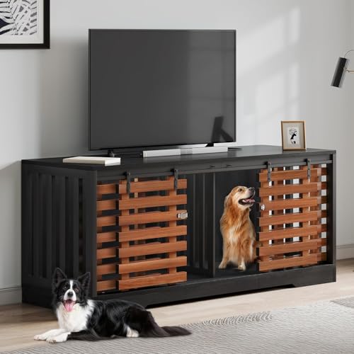 DWVO 71" Double Dog Crate Furniture for 2 Dogs with Sliding Fence Door, Heavy Duty Dual Dog Kennel TV Stand Large Dogs, Indoor Decorative Wooden 2 Dog Cage Table for Living Room, Black & Wal
