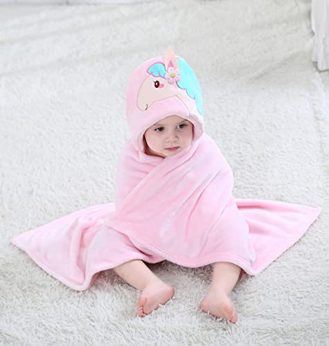 Image of TONWHAR 0-4 Years Toddlers' And Kids' Boys Girls Animal Face Hooded Blanket Baby's Bathrobe,Unisex Baby Plush After Bath Blanket(Pink Horse)