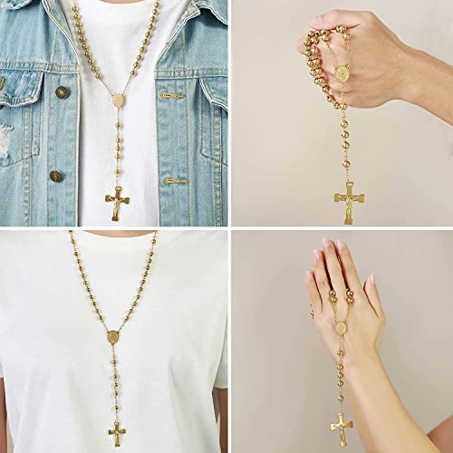 JewelryWe Sieraden roestvrij stalen hanger halsketting goud Jezus Christ kruis rozenkrans vintage ketting heren dames - Afbeelding 3