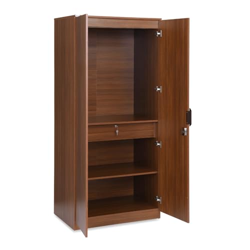 Image of Nilkamal Milford 2 Door Wooden Wardrobe for Bedroom | Almirah with 3 Shelves, 1 Hanging Rod & 1 Drawer | Clothes Cupboard | Engineered Wood | Classic Walnut