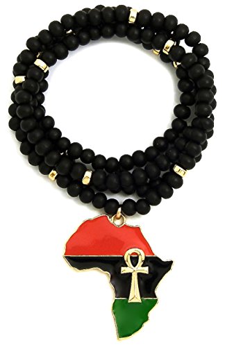 GWOOD Africa with Ankh African Pendant 31 Inch Black Wood Bead Necklace Gold