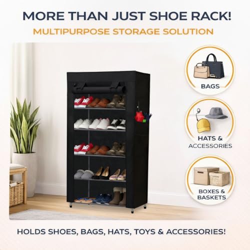 Image of Metal Shoe Stand with Cover, 6 Tier Shoe Organizer for Home & Office - Black