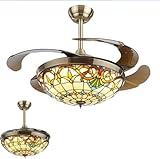42 pulgadas LED Ventilador de techo para salón con lámpara 54W retro Tiffany mando a distancia regulable Lámpara ventilador de techo vintage dormitorio comedor cocina lámpara de techo