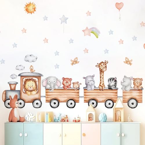 Train Animaux Autocollants Muraux Stickers Muraux Enfants Stickers Muraux Animaux du Zoo Ours éléphant et Girafe Stickers Mongolfiere Décorations Murales...