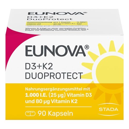 EUNOVA D3 + K2 DuoProtect 1000 I.E. - Hochdosiertes Vitamin D3 + K2 für starke Knochen & Immunsystem Ohne Gluten, Laktose & Konservierungsstoffe, Vegetarisch, 90 Kapseln