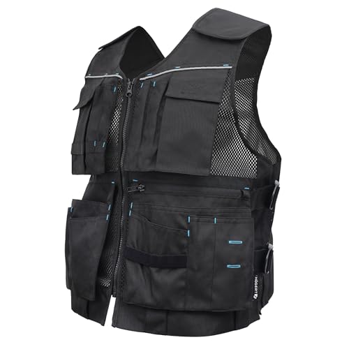 Högert Technik - HELWIG Werkzeugweste Schwarz Uni | Gewebe 100% OXFORD 600D Polyester | Arbeitsweste | Arbeitswesten männer mit vielen Taschen, Montageweste, Herren