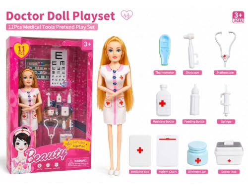 Image of BKDT Marketing Doctor Doll Playset for Girls, Doctor Nurse Doll & 11 Medical Accessories, Pretend Play Medical Kit, Educational Role Play Toy, Birthday Gift for Kids Age 3 4 5 6 Years