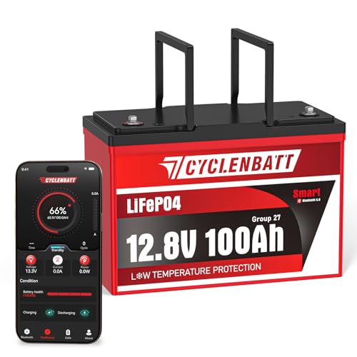 CYCLENBATT 12V 100Ah Bluetooth LiFePO4 Battery Low-Temp Protection 12V Lithium Battery Built in 100A BMS Group 27 Lithium Batteries 12V Great for Marine Trolling Motor RV Solar Off Grid Camping