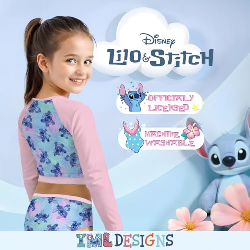 Image of Disney Lilo & Stitch Girls 2-Piece Swimsuit Set, Long-Sleeved Rash Guard and Bikini Bottoms, Quick-Drying Swimwear for Kids