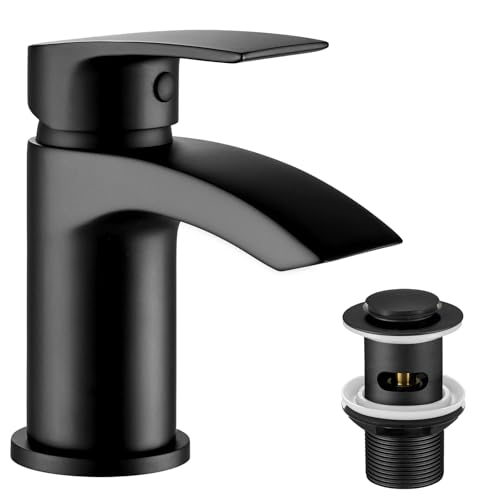 Funime Basin Taps Mixers Waterfall Black with Slotted Pop-up Waste Bathroom Sink Mixer Tap Mono 1 Hole Single Lever Modern with G1/2 Hoses Round Cloakroom Taps Hot and Cold Water Mixer