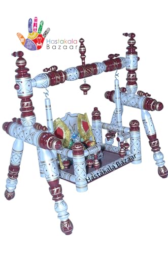 Image of Stronge Wooden Foldable Laddu Gopal Jhula | Krishna Jhula | Krishna Palana Hindola | Wooden God Jhula Big Size | Royal & Antique for Pooja Home (Pearl White Cherry)