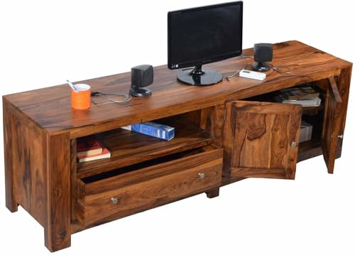 Image of Pure Sheesham Solid Wood TV Entertainment Unit Finish Color - Brown