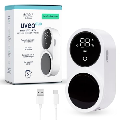 ZENT Zahnbürstenhalter UV Sterilisator für 2 Zahnbürsten, Zahnbürsten desinfektionsgerät, Doppelte Desinfektion, automatische Sterilisation alle 3 Stunden, Montage ohne Bohren, Robuste Batterie