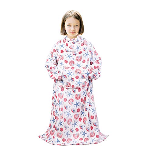 Viviland Kinderen draagbare deken met mouwen, voetenzak, kangoeroezak, kinderen jongens meisjes gooien deken, zacht, warm, lichtgewicht deken voor kinderen, flanel, zeester, 55 "x 48"