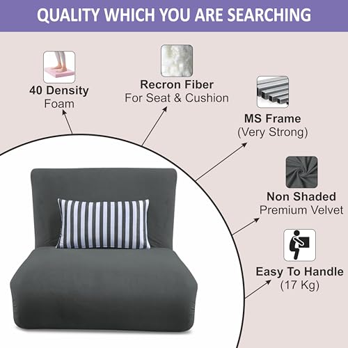 Image of Adorn India Easy Multi Mode 1 Seater Sofa Cum Bed | Velvet Fabric | Dark Grey | Stripes Design | Comfortable Seating | Washable Cover | Perfect for Home & Office
