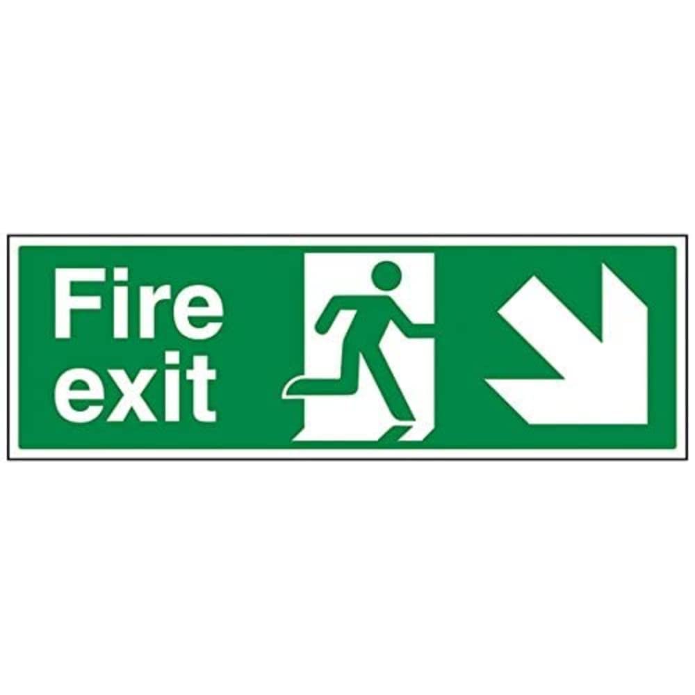 V Safety Fire Exit Arrow Down Right Sign - 600mm x 200mm - 1mm Rigid Plastic