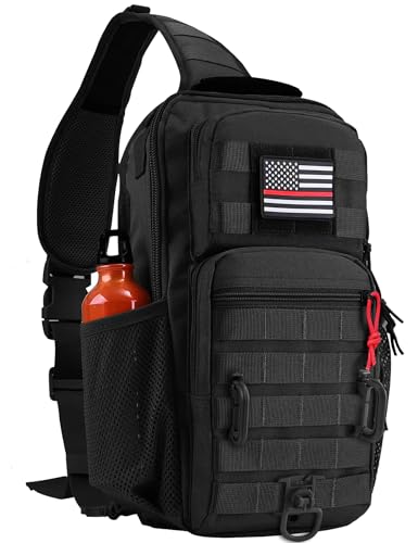 Image of Rover Sling Pack Tactical Shoulder Sling Bag Backpack with Bottle Holder Crossbody Chest Bag, Black with Red Rope /Patch