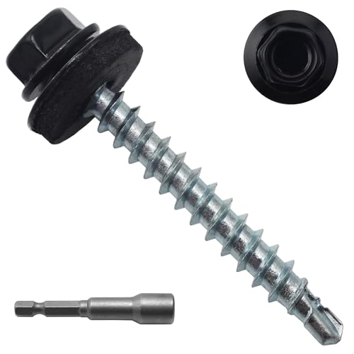 JEGONFRI 250pcs #10 x 1-1/2' Black Hex Head Self-Drilling Metal Roofing Screws, EPDM Washer, Colored...