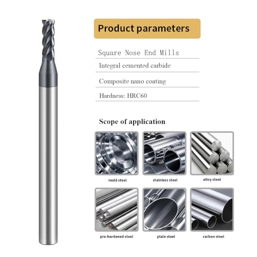 Image of Carbide Square End Mills-4 Flute HRC60 TiALSiN Coated,for Milling Alloy Steels, Hardened Steel, Metal etc.1 Pcs 2.5x50mm