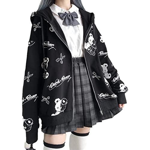 Y2k Gothic Harajuku Street Hoodie Women's Sports Comic Pullover Oversized Zip Lazy Kawaii Bear Printed Jacket Black Y2k Gothic Harajuku Street Hoodie Women's Sports Comic Pullover Oversized Zip Lazy Kawaii Bear Printed Jacket Black