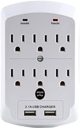 Surge Protector, Electronics Charging Station, 6 Outlet 2 USB Port Wall Adapter with Safety Indicator Lights - White - By Office Style image 4