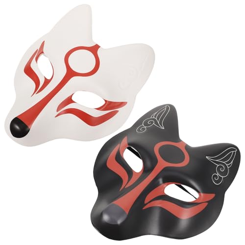 VALICLUD 2pcs FoxMask Japanese Kabuki KitsuneMasks Half Face CatMasks Anime Animal Cosplay for Men Women Children Masquerade Ball Costume Prop Black White