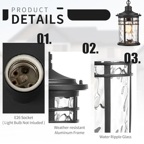 Image of Darkaway Dusk to Dawn Outdoor Pendant Light, 14inch Hanging Porch Light Outdoor Chandelier Ceiling Mount Waterproof Pendant Lights with Water Ripple Glass for Patio Entrance Foyer Entryway