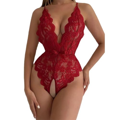 Risipu Sexy Lace Teddy Lingerie Women's One Piece Lingerie Date Night Anniversary and Valentine's Day Options for Women of All Shapes and Sizes (Red,S)