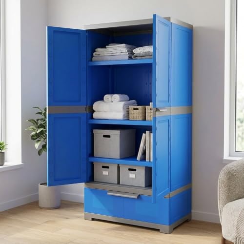 Image of Nilkamal Freedom FMDR1BE Plastic Storage Wardrobe with 1 Bottom Drawer and Clothes Organizer |3-Year Warranty|Almirah for Home, Living Room, Bed Room|Adult & Kids|Deep Blue /Grey